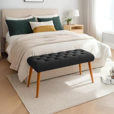 Imagem de Banqueta Retangular para Cama Luxo Pés De Madeira Capitonê Decorativo Cinza Compacto