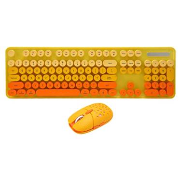 Imagem de Combinação de Teclado e Mouse Sem Fio, Teclado de Máquina de Escrever retrô de Tamanho Completo Com Tampa de Tecla Redonda Colorida, Teclado e Mouse Ergonômico Portátil (Cor mista amarela)
