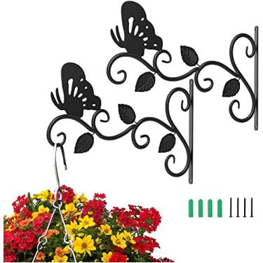 Imagem de Pacote com 2 suportes para plantas penduradas, ganchos de ferro para plantas de 30 cm, ganchos de parede duráveis para alimentadores de pássaros, sinos de vento em ambientes internos, vaso de flores, lanterna (borboleta)