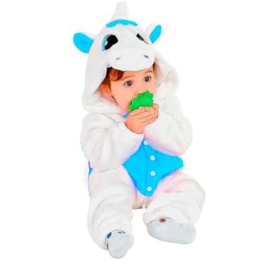 Imagem de Kigurumi Bebê Menina ou Menino de Unicornio Fantasia Pijama de Inverno Quentinho com Capuz Bordado Rosa Azul ou Roxo (BRANCO E AZUL, P 3-4)