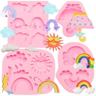 Imagem de Molde de silicone com tema climático, 4 peças, molde de fondant em forma de guarda-chuva, molde de chocolate com nuvem de arco-íris para decoração de bolos, enfeite de cupcake de doces, artesanato de