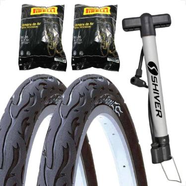 Imagem de PAR Pneu Bicicleta Kenda Flame Balão Aro 26 x 2.125 Liso Fogo + PAR Camara Pirelli + Bombinha manual