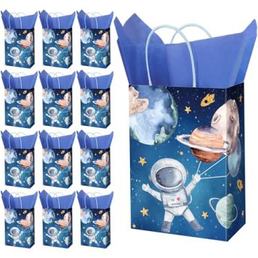 Imagem de FYSUIMU Saco de papel para espaço sideral com papel de seda azul Galaxy Astronauta Sacos de guloseimas com alças para lembrancinhas de festa de chá de bebê de aniversário, 16 peças