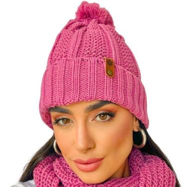 Imagem de Touca pompom feminina de lã tricot frio inverno - Fonte, Rosa, Único