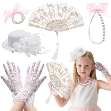 Imagem de ZEAYEA 5 Pcs Girls Tea Party Set, Includes Gloves Hat Necklace Bracelet Fan for Girls Costume, Girl Tea Party Supplies Dress Up Play Set for Playtime Birthday Easter Halloween Accessories