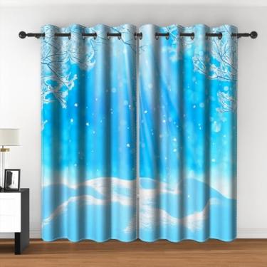 Imagem de Leyiyi Cortinas blackout de Natal, cenário de sonho de inverno, neve grossa, ramo de árvore, cortinas de janela cintilantes, auréola virtual bokeh, azul, cortinas de janela para quarto de bebê, 106 x