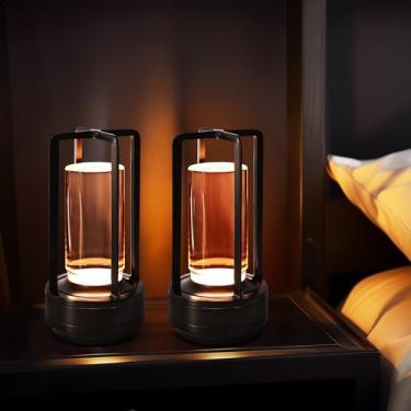 Imagem de PIKAFOX Pacote com 2 lâmpadas de cristal com regulação de toque, luminária de mesa de LED recarregável, brilho ajustável em 3 cores, luz de mesa alimentada por bateria de 3200 mAh para quarto