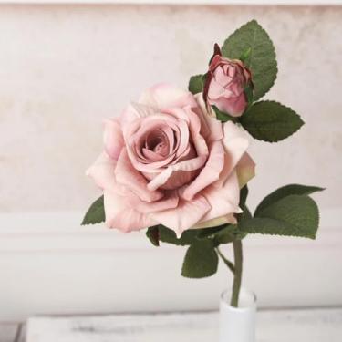 Imagem de Lindas flores artificiais de seda com galhos grandes de rosas, decoração para casa e casamento, rosas grandes retrô, flores artificiais brancas (café)