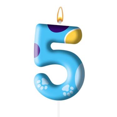 Imagem de Velas de aniversário de pata de cachorro azul topo de bolo numerais velas de aniversário para decoração de pata de cachorro número 5