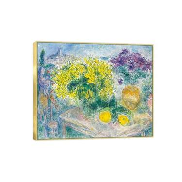 Imagem de BMZFYBS Moldura dourada - arte de parede em tela de flor pinturas famosas - decoração de imagens - buquê de mimosas - pôster e impressões para sala de estar 50 x 60 cm 20 x 24 pol