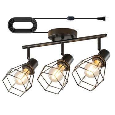 Imagem de YEPOLI Luz de teto com plugue de 3 luzes pretas reguláveis, iluminação de trilho plugue, cabo longo de 40 cm com interruptor de regulação liga/desliga, luminária moderna para sala de estar, quarto