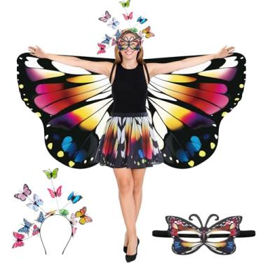 Imagem de Rngmsi Fantasia de xaile de asas de borboleta – Capa de asa de borboleta multicolorida com estampa dupla face com faixa de cabeça e máscara, conjunto de saia para mulheres, acessório para fotos de