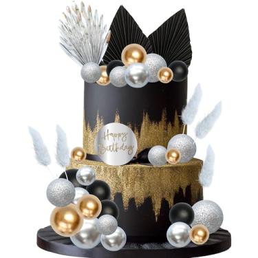 Imagem de Gyufise Bolas de bolo de acrílico para feliz aniversário, folhas de palmeira, decorações de bolo para aniversário, casamento, chá de bebê, suprimentos de festa, preto, prata