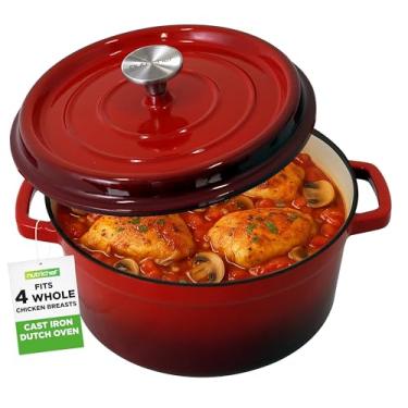 Imagem de NutriChef Forno holandês de ferro fundido esmaltado – Caçarola redonda holandesa para cozinha de 4,5 litros, caçarola para assar, panelas de ferro fundido revestidas com esmalte de porcelana com tampa de autorregar - (vermelho)