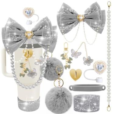 Imagem de LBU Acessórios de copo Bling Stanley para copo de 40/30/567 g com alça, incluindo topo de palha com laço de glitter, capa de canudo de coração, alça de alça de garrafa de água pérola, bota, pompom