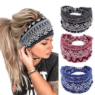 Imagem de Bohend Boho Fashion Tiara ampla elástica uso diário Headwear esportivo atlético ioga academia praia mulheres acessórios de cabelo para mulheres e meninas (3 peças)