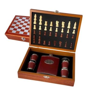 Imagem de Kit Jogo de Xadrez e Porta Bebidas - Tabuleiro Dobrável e Cantil com Acessórios Inclusos, Elegante e Portátil para Momentos de Diversão e Laser