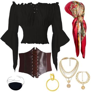 Imagem de YGDSX 7 peças de fantasia de pirata feminina renascentista camponesa blusa ombro de fora manga trompete tops com acessórios conjunto de cabeça cachecol espartilho cinto, Preto, XXG
