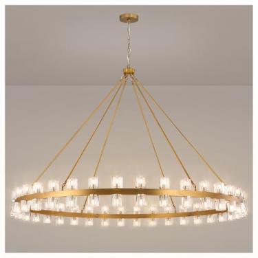 Imagem de AEULYTIR Lustre de roda de vagão dourado de 177 cm com sombra de cristal, 72 luzes, estilo de fazenda moderno, ideal para sala de jantar, cozinha, entradas