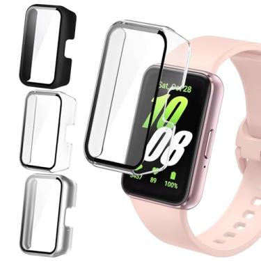 Imagem de Vancle Pacote com 3 capas para Samsung Galaxy Fit 3, capa protetora completa com protetor de tela de vidro temperado para smartwatch Samsung Galaxy Fit 3 (preto/prata/transparente)