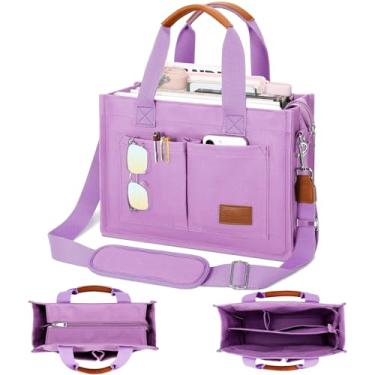 Imagem de KKXIU Bolsa feminina grande de lona com zíper e compartimentos, bolsa carteiro bíblica de trabalho transversal com bolsos, Roxa, X-Large