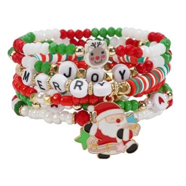 Imagem de Pulseiras de Natal para mulheres Heishi Surfer Polymer Clay Stretch Joy & Merry Candy-Style Stacks para mulheres e adolescentes - Presentes de Natal perfeitos, One Size, Miçangas, Sem Pedra Preciosa