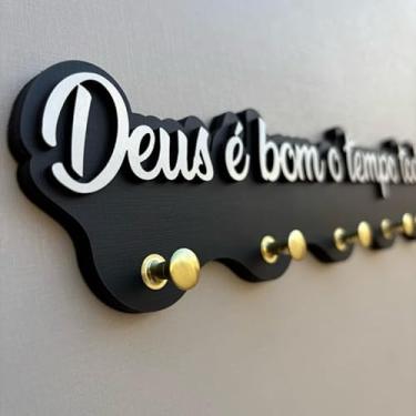 Imagem de Porta Chaves MDF 6mm com Frase “Deus é bom o tempo todo” - 5 Ganchos, Fixação Fácil e Segura