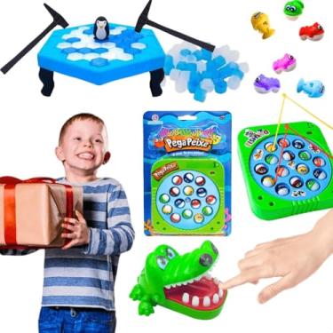 Imagem de Kit 3 brinquedo pedagógico jogos de tabuleiro infantis educativos crocodilo morde dedo jacare dentista + jogo infantil pega peixe com imã classico retro + pinguim quebra gelo numa fria