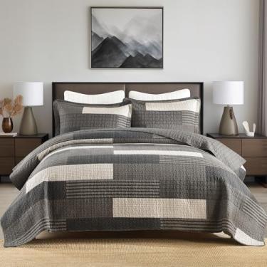Imagem de DUOHONG Conjunto de colcha queen 100% algodão – edredom acolchoado xadrez, colcha queen listrada de patchwork, cama leve de fazenda moderna para cama Queen, 3 peças, carvão/cinza/cinza-acinzentado
