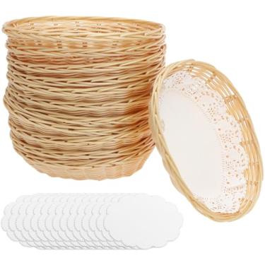 Imagem de Cesta oval de plástico, 12 peças, cesta de pão de vime com folhas de borrão, cesta de pão oval pequena de plástico tecida à mão, cesta de armazenamento de alimentos, 22 x 17 x 6 cm
