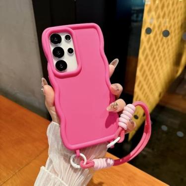 Imagem de Capa de silicone macia com borda ondulada 3D para Samsung Galaxy S24, S25 Ultra Plus, S24ultra, S25, alça de pulso, capa à prova de choque, rosa vermelha, para Galaxy S25 Plus