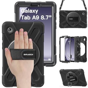 Imagem de BRAECN Capa para Samsung Galaxy Tab A9 8,7 polegadas 2023 (SM-X110/X115/X117), capa rígida à prova de choque com alça de mão giratória 360 e suporte + alça de ombro para tablet Galaxy A9 - preta