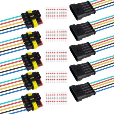 Imagem de TMH Conector elétrico de 5 pinos macho e fêmea, 10 cm. Conectores de fio à prova d'água 22 AWG de 5 vias com tubo termorretrátil para conexão de fio de carro, caminhão, barco (conjunto com 5)