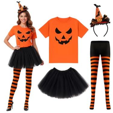 Imagem de Maiteenly Conjunto de fantasia de Halloween, 4 peças, camiseta de abóbora, faixa de cabeça de morcego, meia-calça listrada tutu e saia de balé para mulheres, festa de Halloween, Laranja, preto, GG