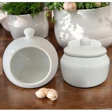 Imagem de Kit Saleiro com Tampa e Porta Alho e Cebola em Cerâmica Liso 02 peças(Branco)