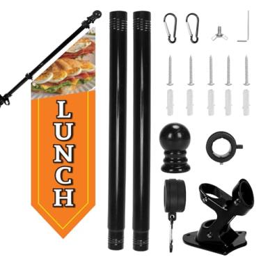 Imagem de Kit de bandeira de almoço com mastro – Faixa de lona dupla face resistente de 106 x 30 cm para restaurante ou caminhão de comida ao ar livre – Placa comercial com suporte incluído
