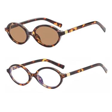 Imagem de OSAGAMA Óculos de sol retrô ovais femininos modernos e redondos com proteção UV400, Pacote com 2 tartaruga/marrom + tartaruga/transparente, M