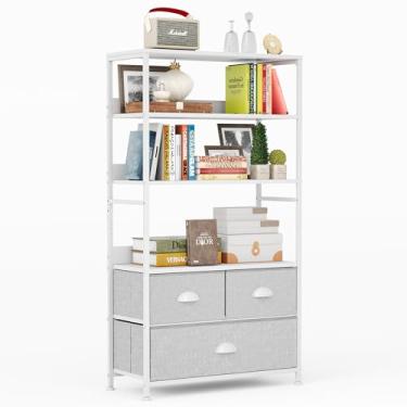 Imagem de Estante de livros de 6 camadas, estante com 3 gavetas de armazenamento, prateleira organizadora de madeira e metal, prateleira de exibição industrial para quarto, sala de estar, marrom rústico, branco