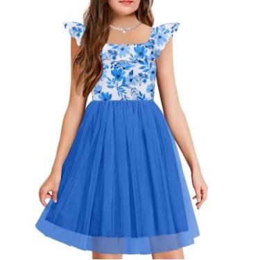 Imagem de Vestido de verão Arshiner, elástico, babado, gola quadrada, azul, para