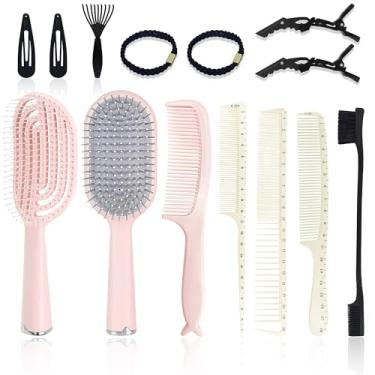 Imagem de Conjunto de escovas de cabelo e pente para mulheres, presente com 14 peças, inclui escova rosa para desembaraçar, escova de ventilação para pentear cabelo, escova encaracolada com cauda de rato