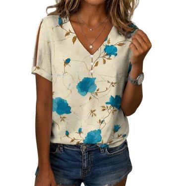 Imagem de Blusa feminina Zhyaj com estampa floral boho com decote em V e manga c