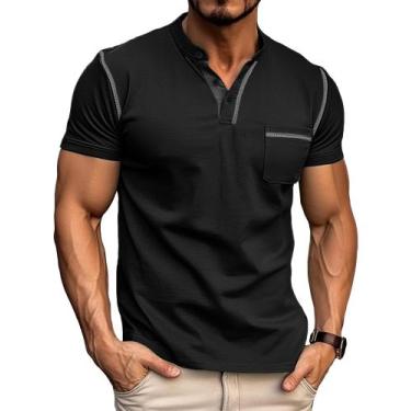 Imagem de Camisa Henley Gleam Ledra masculina de manga curta de algodão preta