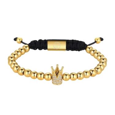 Imagem de WP WEPICK Pulseiras masculinas banhadas a ouro 18 quilates de aço inoxidável feitas à mão, ajustável, banhada a ouro, pedra vulcânica, ônix, vermelho, olho de tigre, contas de elos de corrente, joias