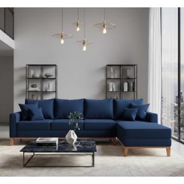 Imagem de Sofá Beny com Chaise Direita, 2,60x1,40m, 4 Lugares, Linho, Base em Madeira. (Azul Marinho)
