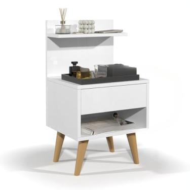 Imagem de Mesa de Cabeceira Retrô com Gaveta e Prateleira para Quarto Pequeno Design Vintage Funcional(BRANCO)