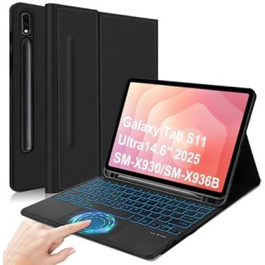 Imagem de Capa de teclado Trackpad para Galaxy Tab S11 Ultra 2025 de 14,6 polegadas com suporte para S-Pen, retroiluminação de 7 cores, capa de couro magnética removível para teclado sem fio com suporte para