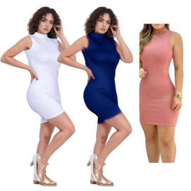 Imagem de KIT C/3 Vestidos Canelado Gola Alta - Emporio J, Branco, Marinho, Rose