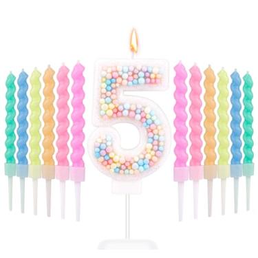 Imagem de Velas de aniversário Macaron, número 5 velas de números doces com 12 peças velas espirais arco-íris cor doce colorido topo de bolo velas pastel para festa de aniversário casamento s s