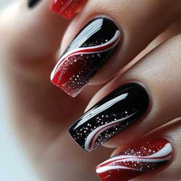 Imagem de Kit de unhas de pressão quadrado médio ombré preto vermelho falso cola em unhas com design redemoinho vermelho branco cobertura completa bastão falso artificial em unhas de acrílico para mulheres 24