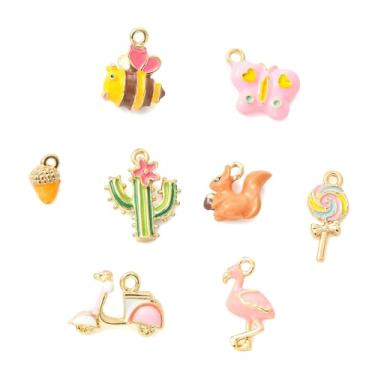 Imagem de UR URLIFEHALL 8 peças, 8 estilos, pingentes esmaltados de liga de verão, fofo, abelha, borboleta, flamingo, cacto, pingentes para colar, pulseira, chaveiro, fabricação de joias